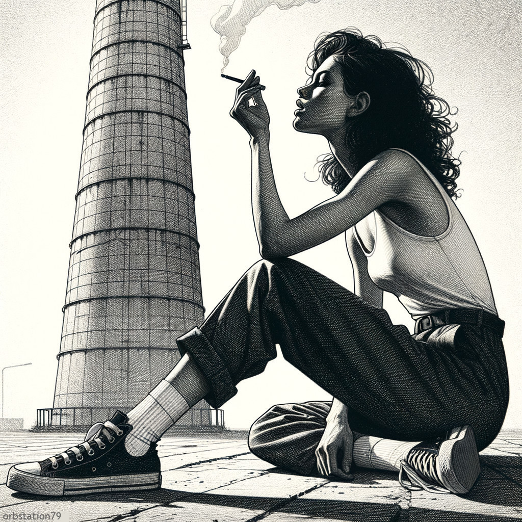 Young Woman Smoking in Urban Industrial Setting