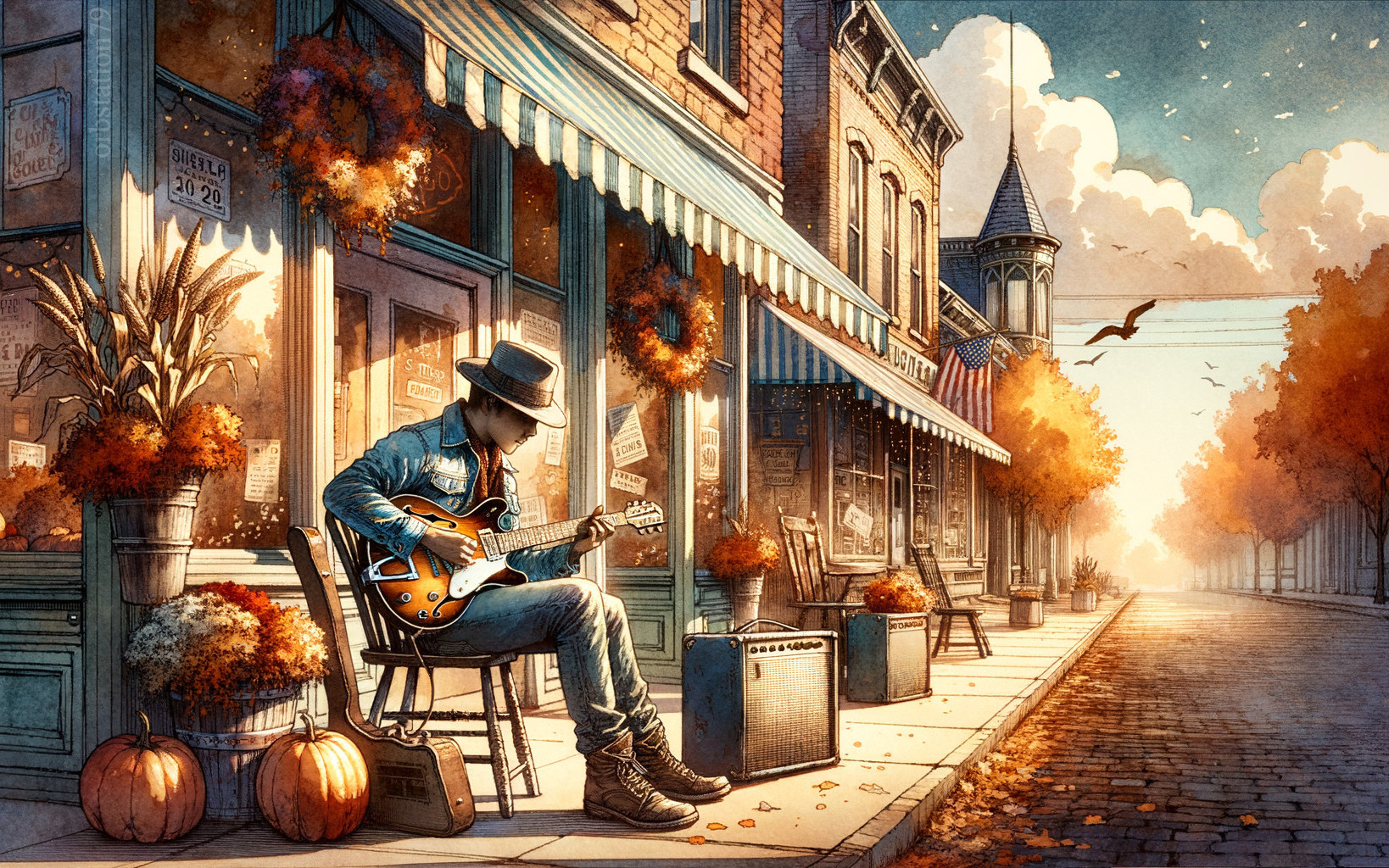 Autumn Scene with Musician and Charming Storefront