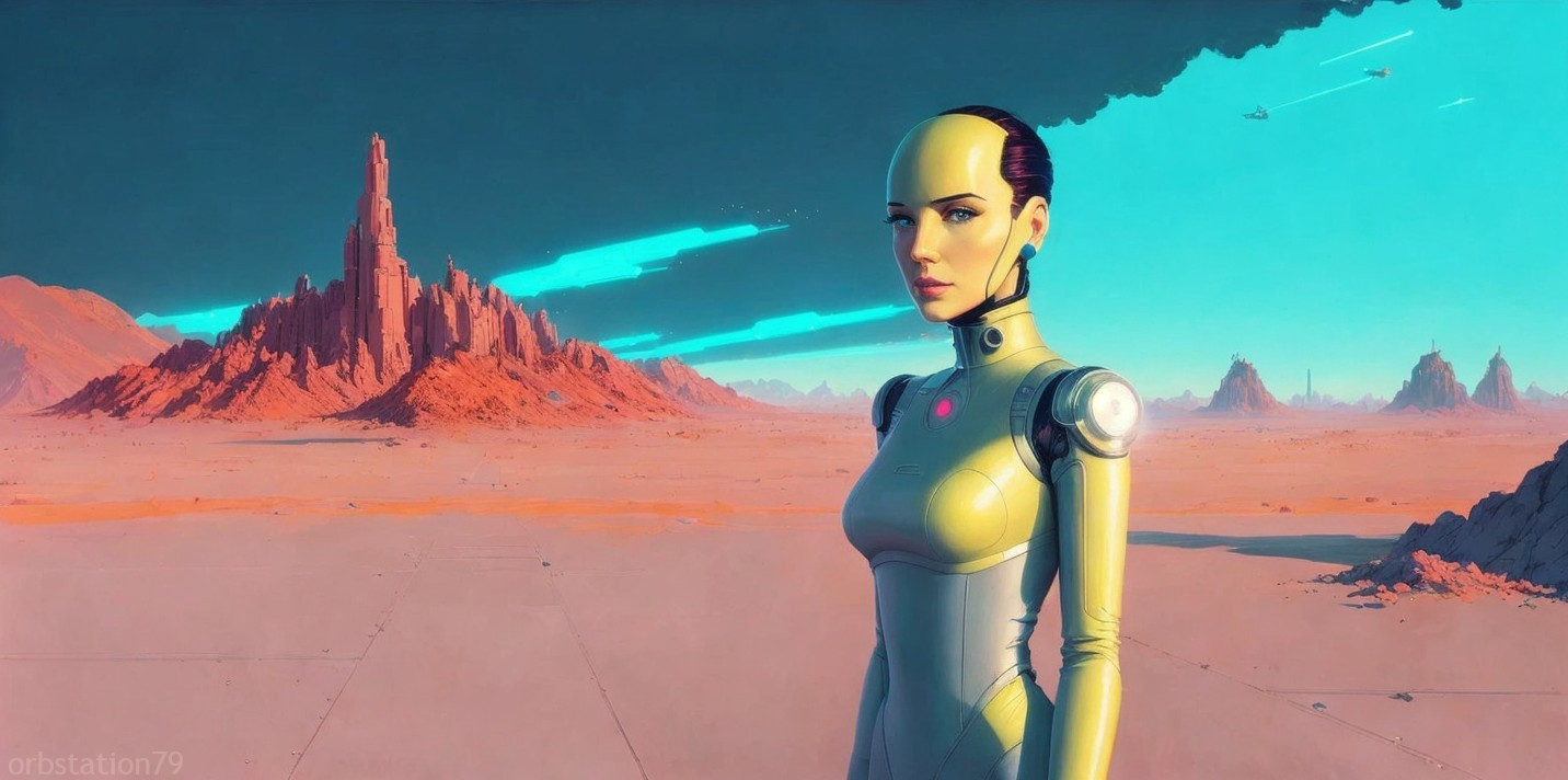 Futuristic Landscape with Humanoid Robot and Mountains