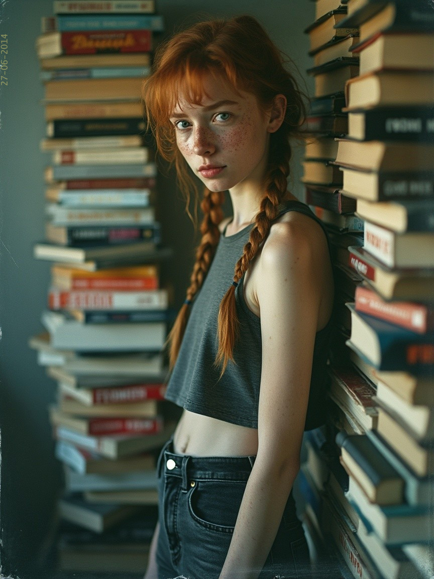 Young woman with red hair in a cozy book setting