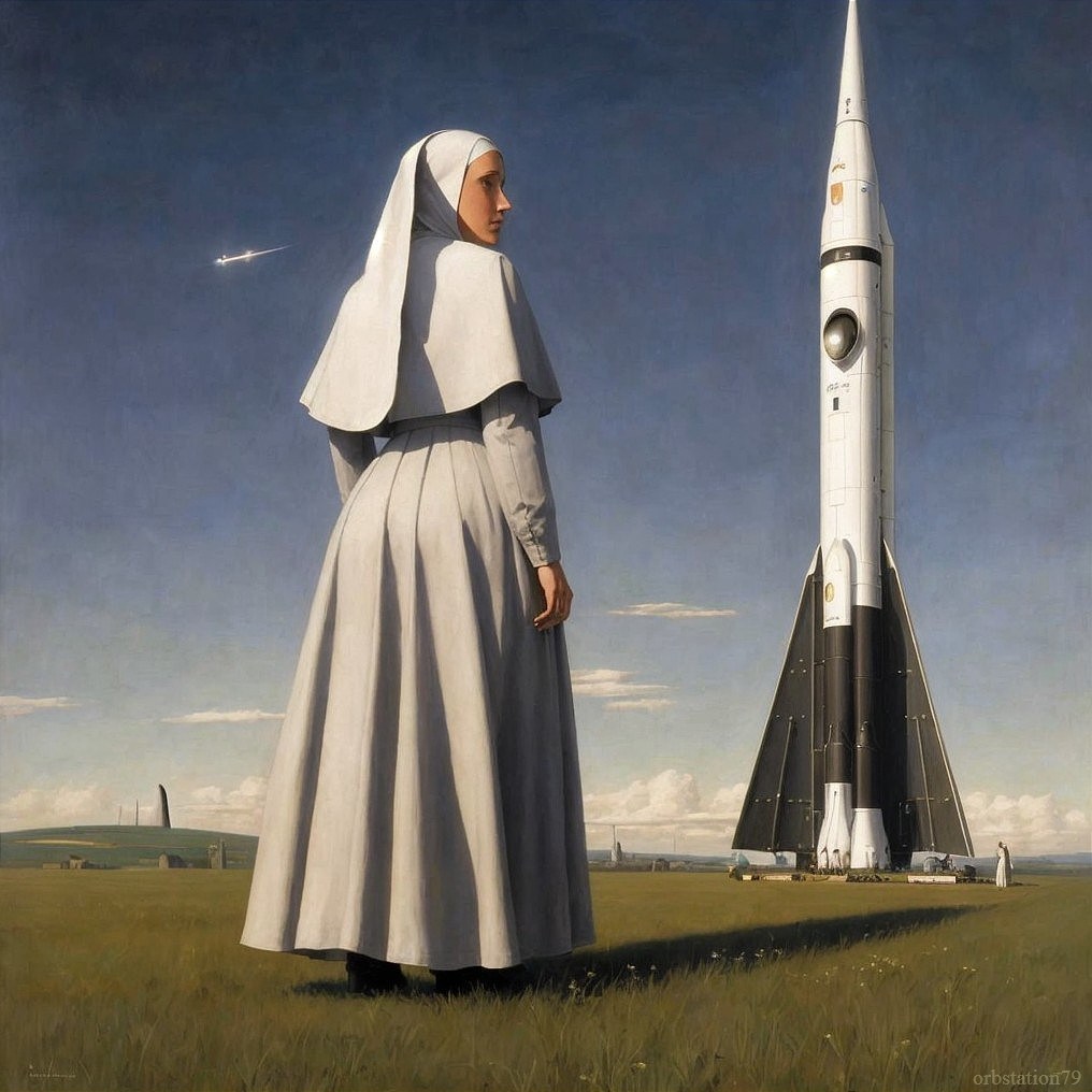 Nun in field gazes at rocket with plane in sky