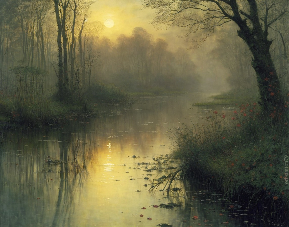 Tranquil River Landscape with Morning Mist and Sunlight