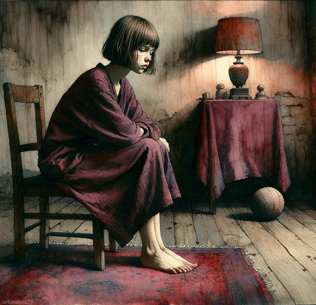 Young Girl in Thoughtful Pose in Dimly Lit Room