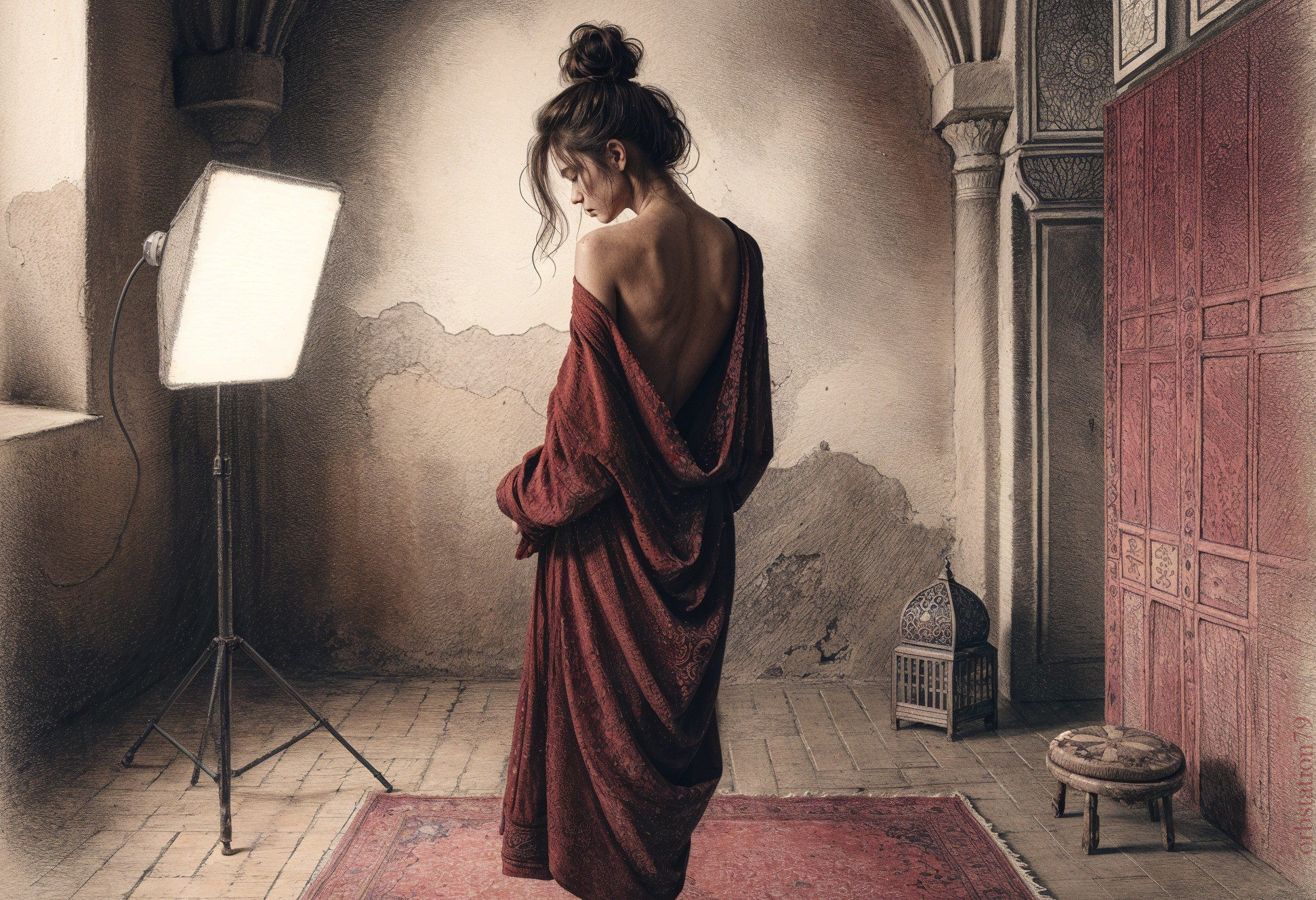 Woman in dimly lit room with red patterned shawl