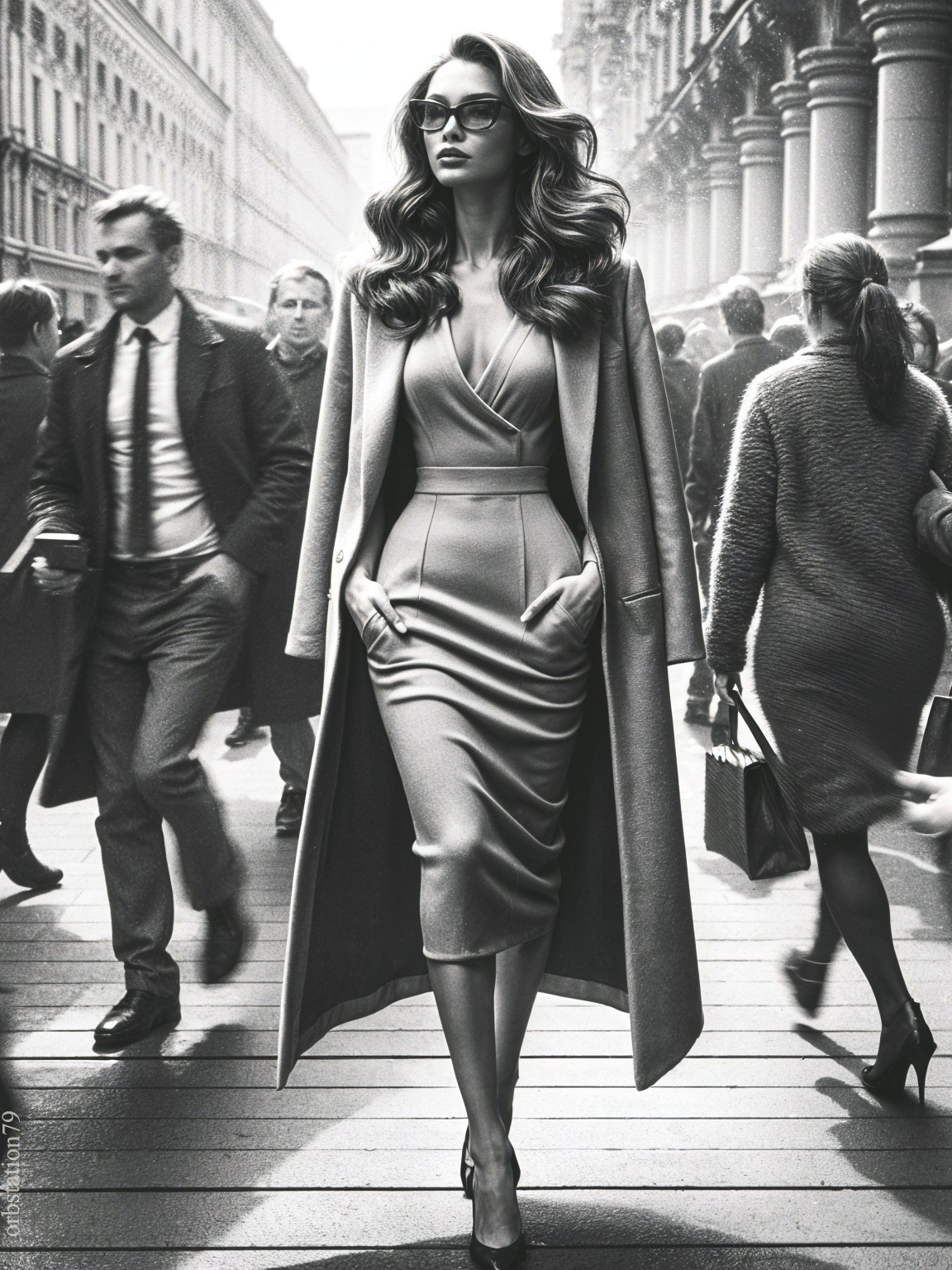 Stylish Woman in Vintage Dress on Busy City Street