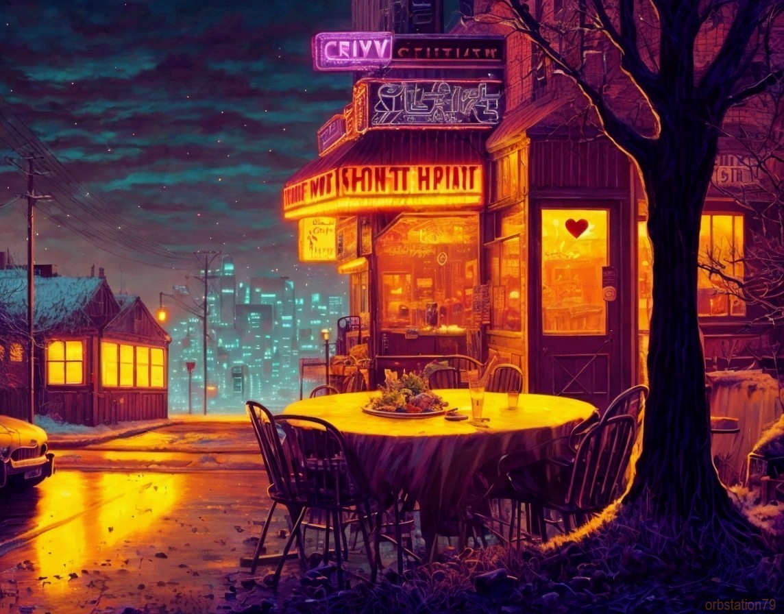 Cozy Nighttime Street Scene with Cafe and Cityscape