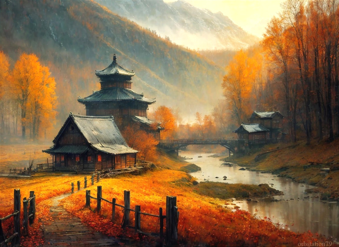 Autumn Landscape with Asian Architecture and River