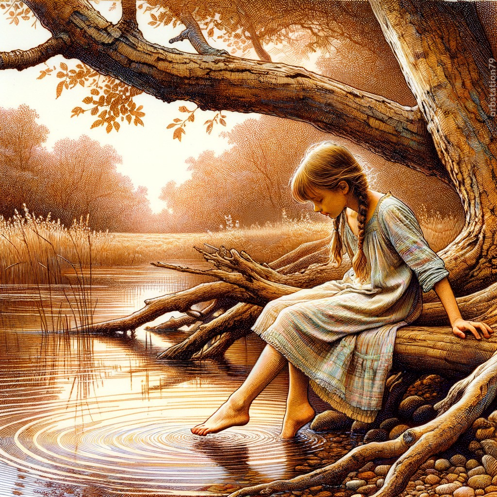 Young girl by river in flowing gown, serene landscape