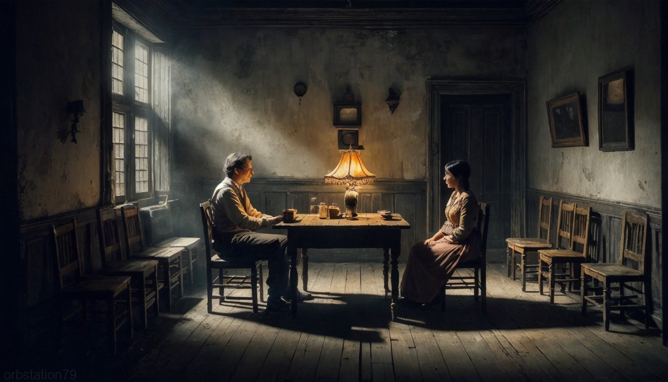 Intimate Conversation in a Rustic Dimly Lit Room