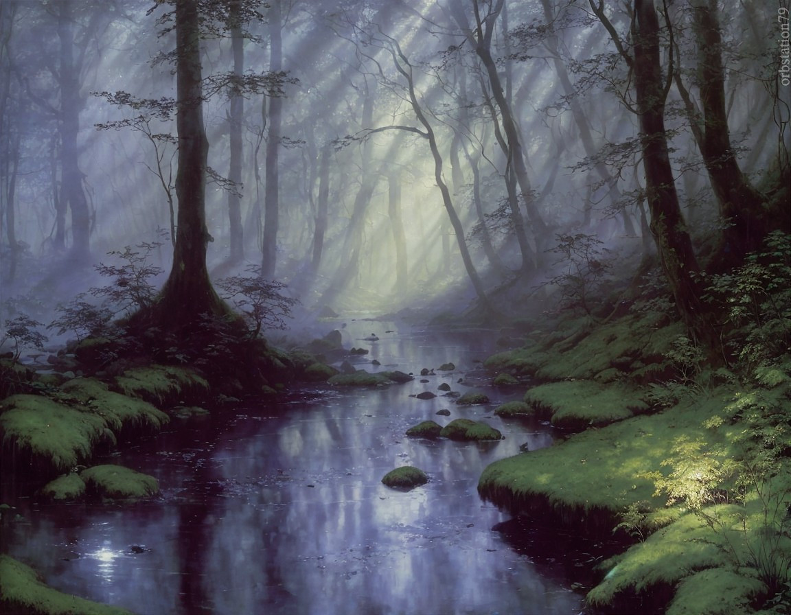 Tranquil Misty Forest with Serene Stream and Trees