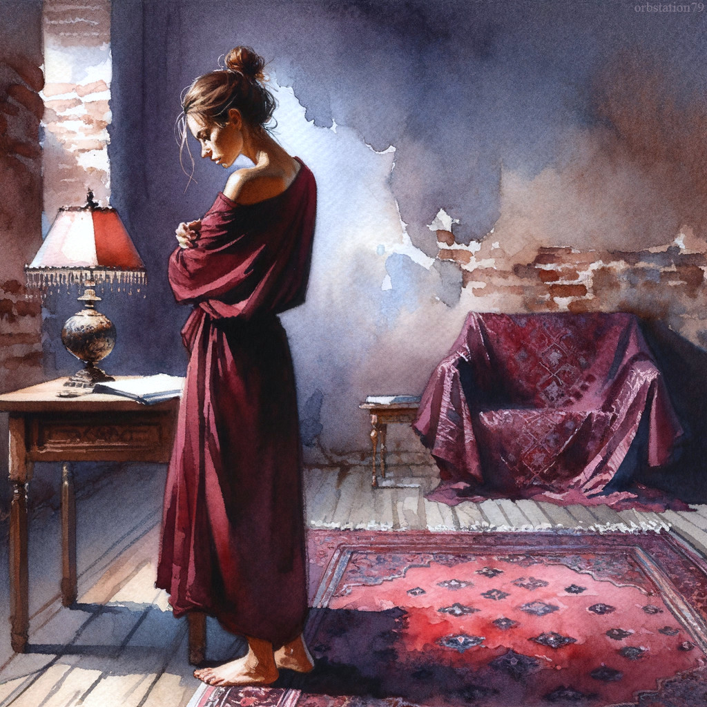 Serene Woman in Rustic Interior with Cozy Elements