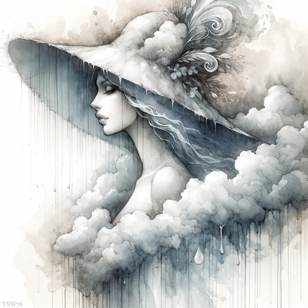 Illustration of a woman with cloud hat and rain patterns