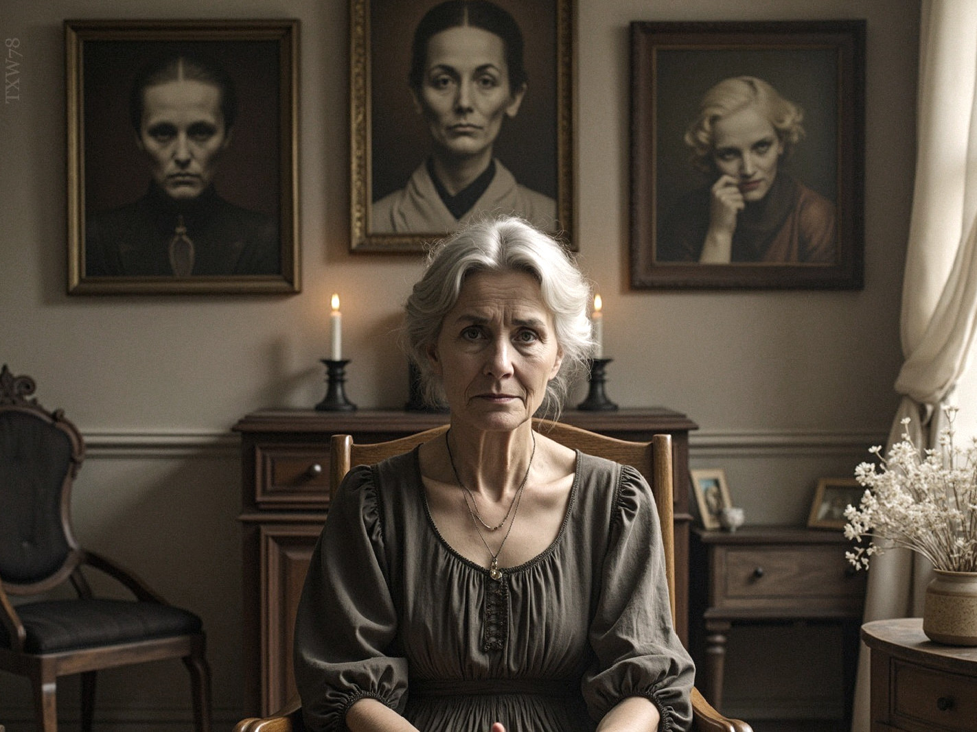 Silver-haired woman in a wooden chair with portraits