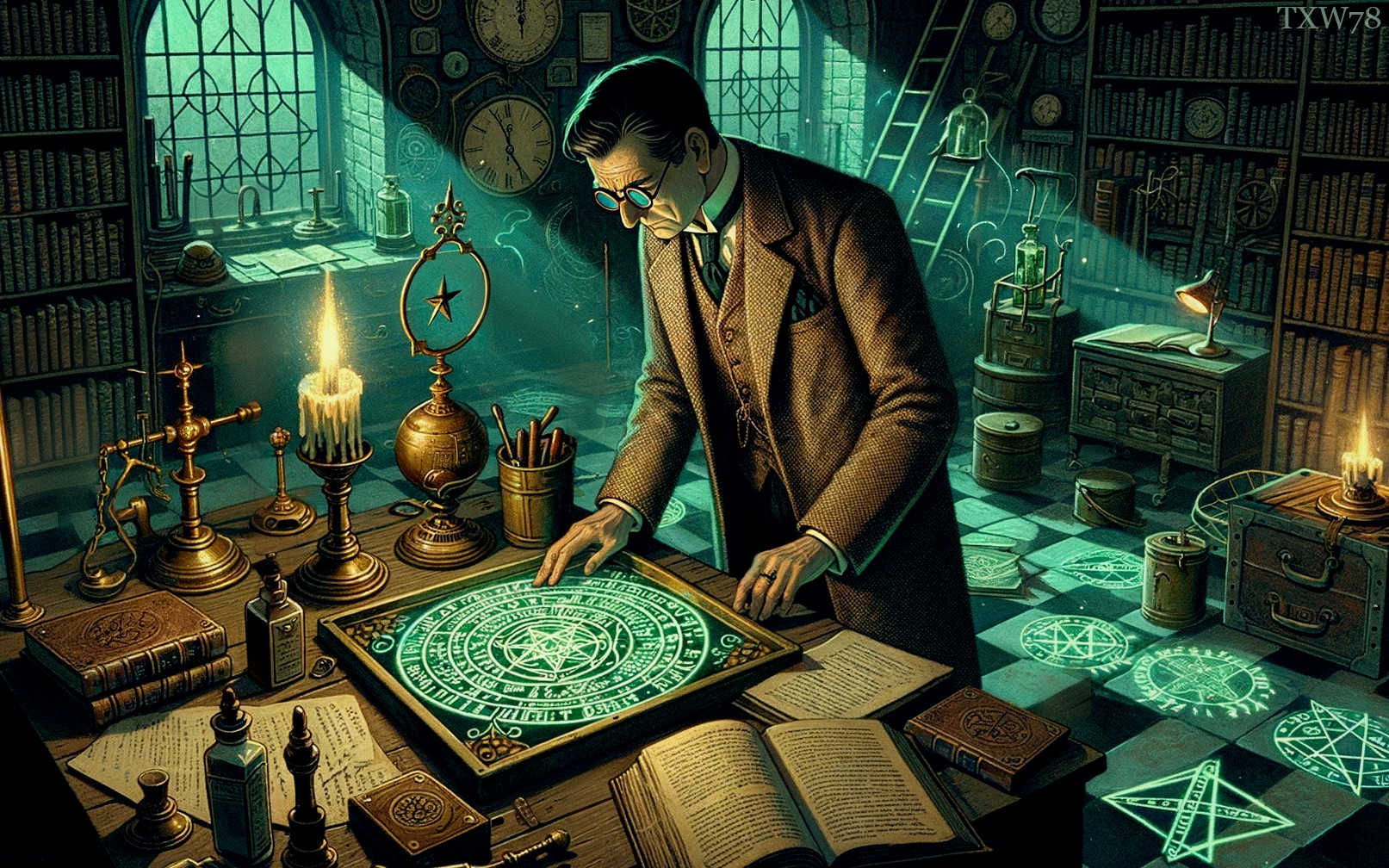 Library Scene with Glowing Pentagram and Alchemical Tools