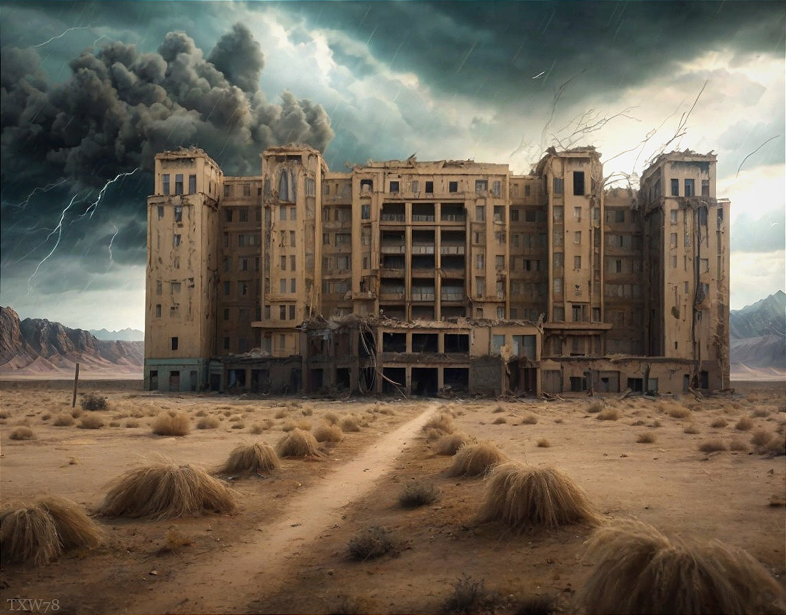 Abandoned Building in Desolate Landscape with Stormy Sky