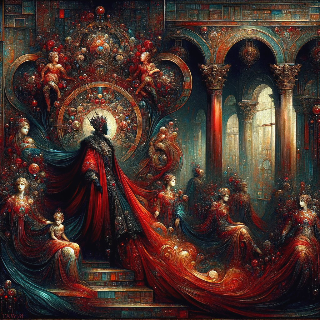 Regal Figure in Black and Red Cloak in Gothic Setting