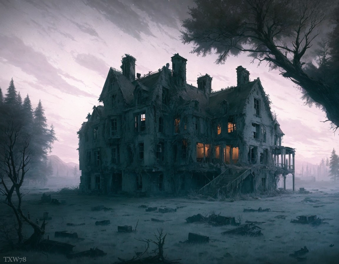 Desolate mansion in twilight haze with lit window and gravestones