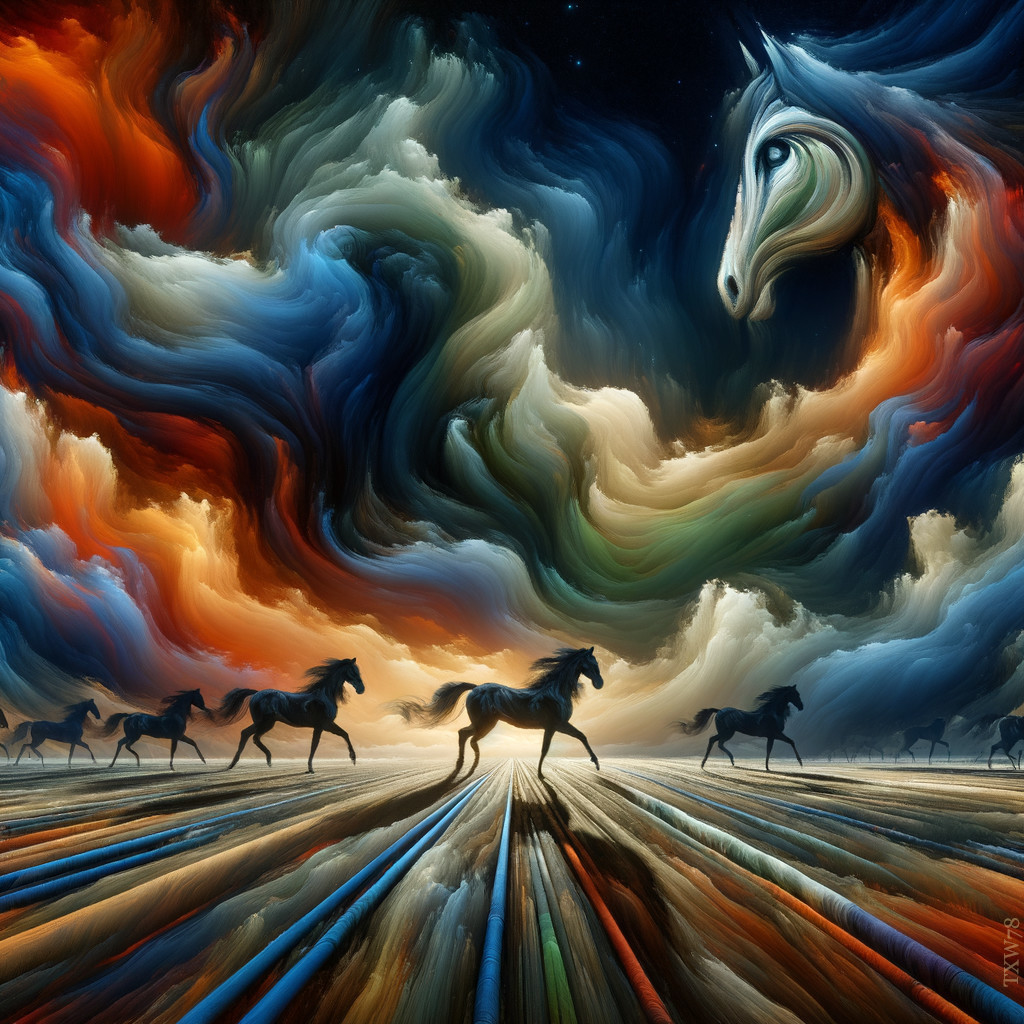 Vibrant surreal painting: galloping horses in swirling sky