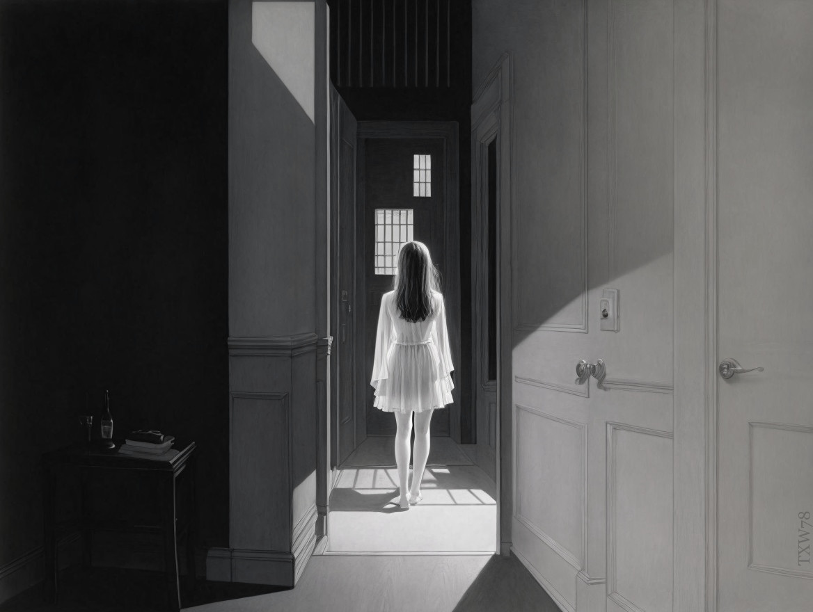 Grayscale Image of Girl in White Dress in Doorway
