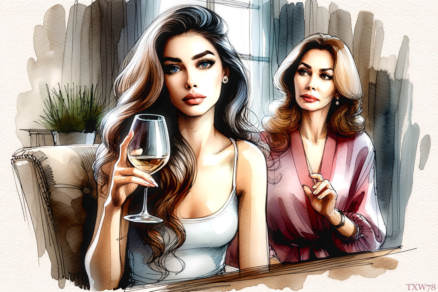 Elegant Women at Table with Wine Glasses Illustration