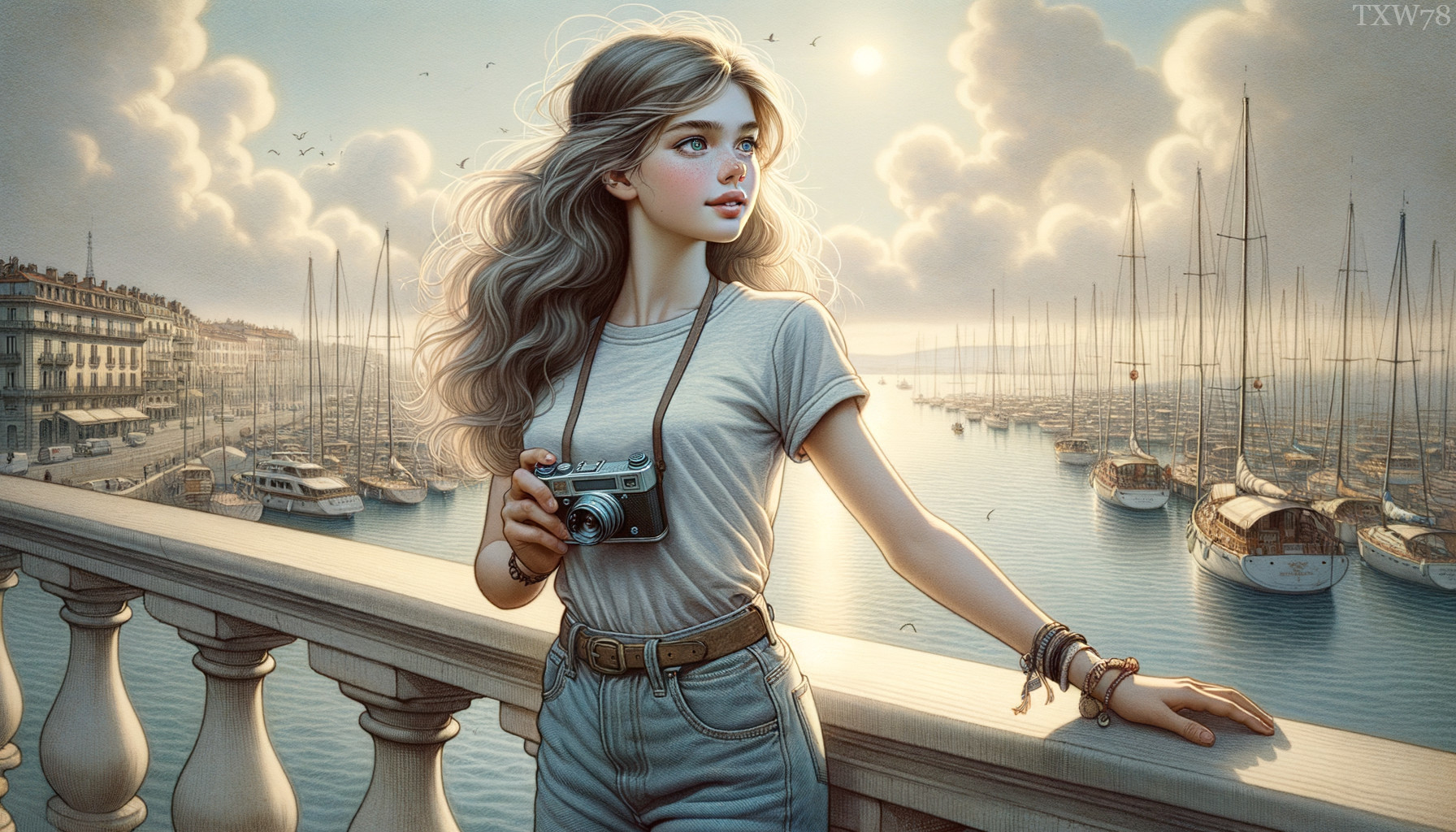Young Woman by Serene Harbor with Vintage Camera