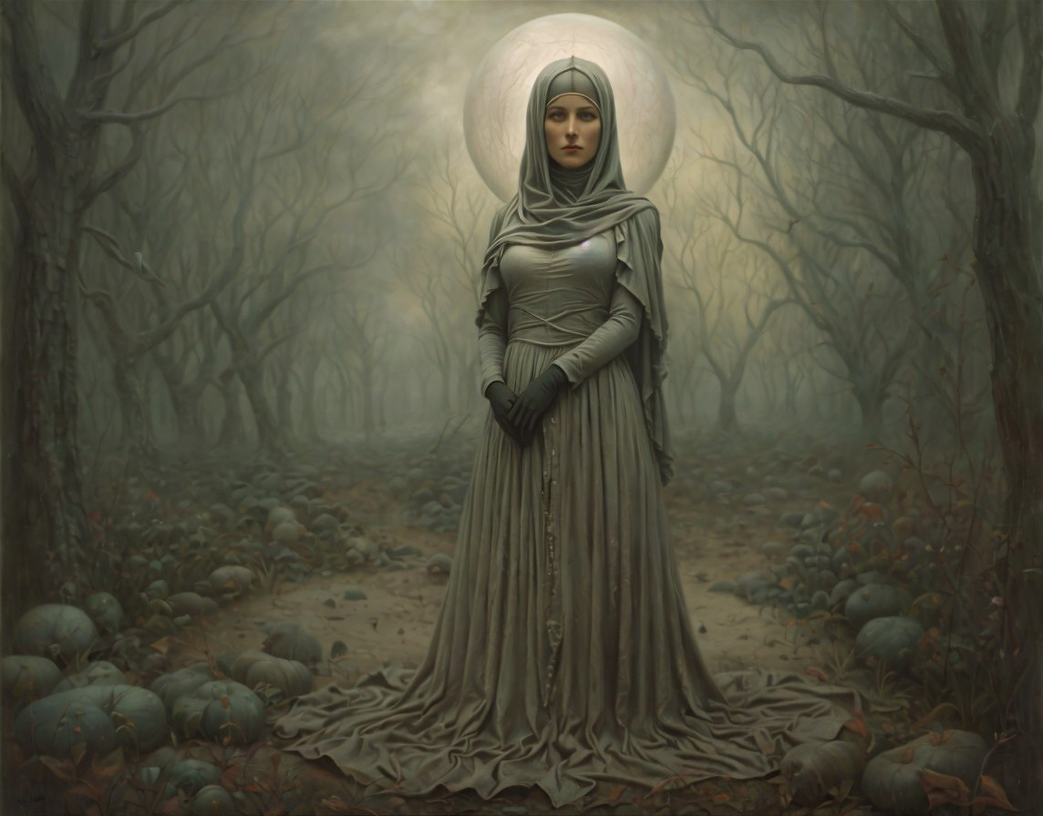 Mysterious figure in gray gown in foggy forest setting