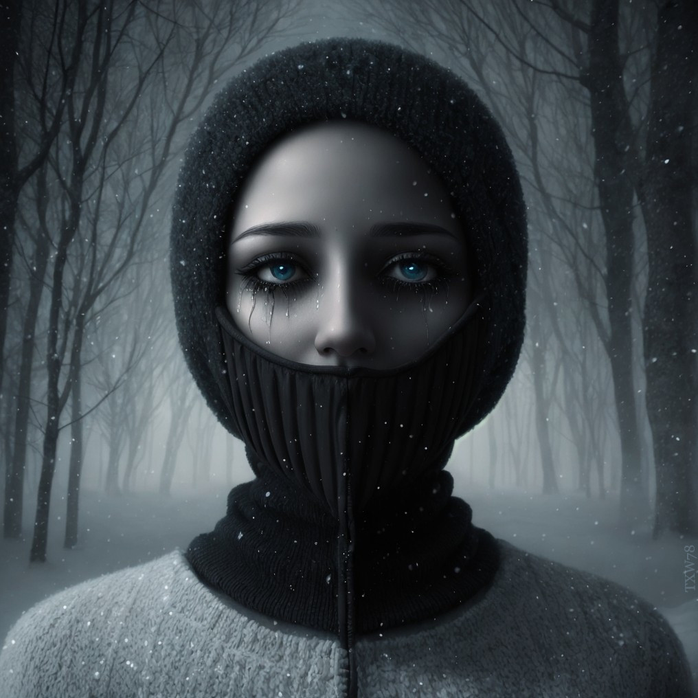 Portrait of a Person with Blue Eyes in Snowy Forest