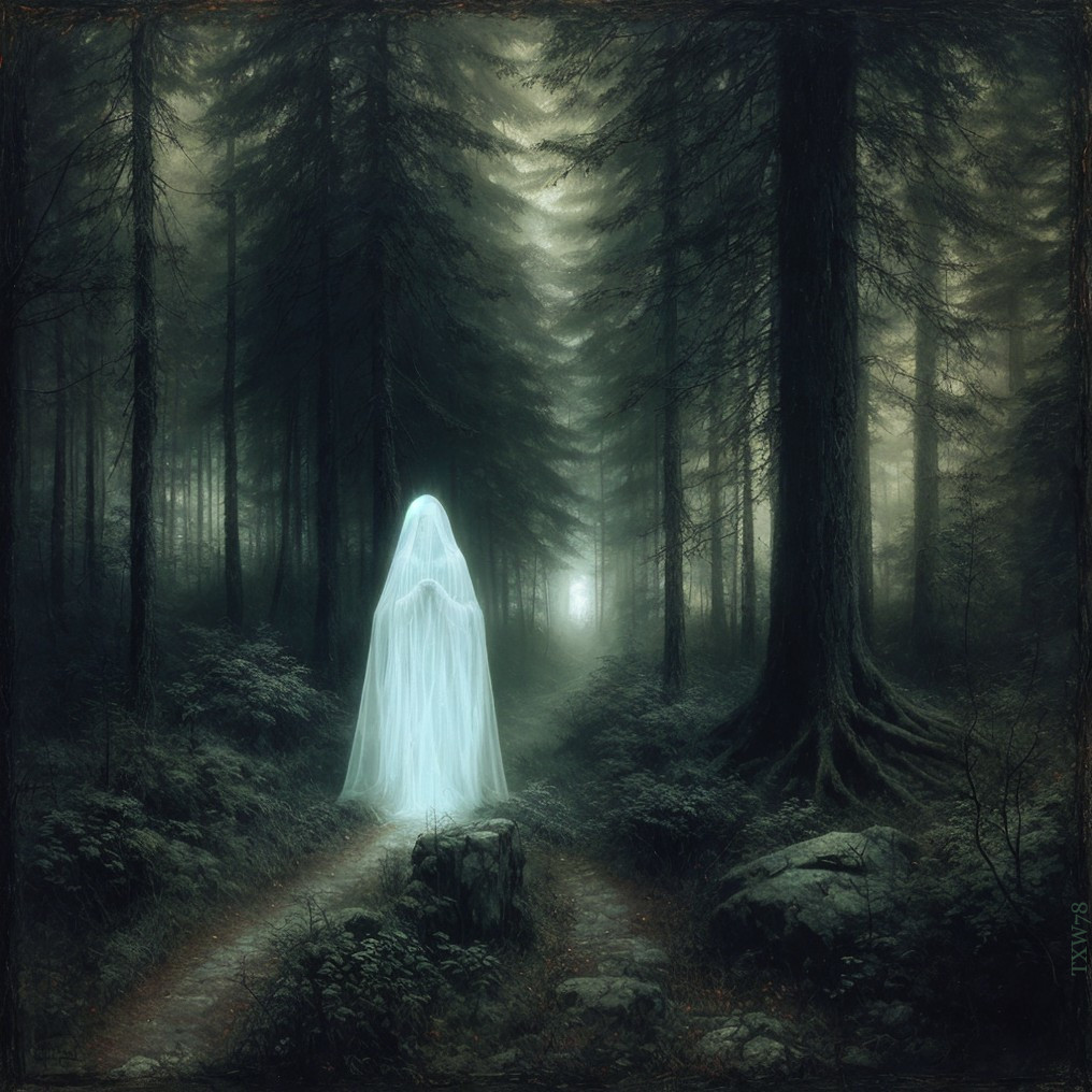 Spectral Figure in Misty Ethereal Forest Scene