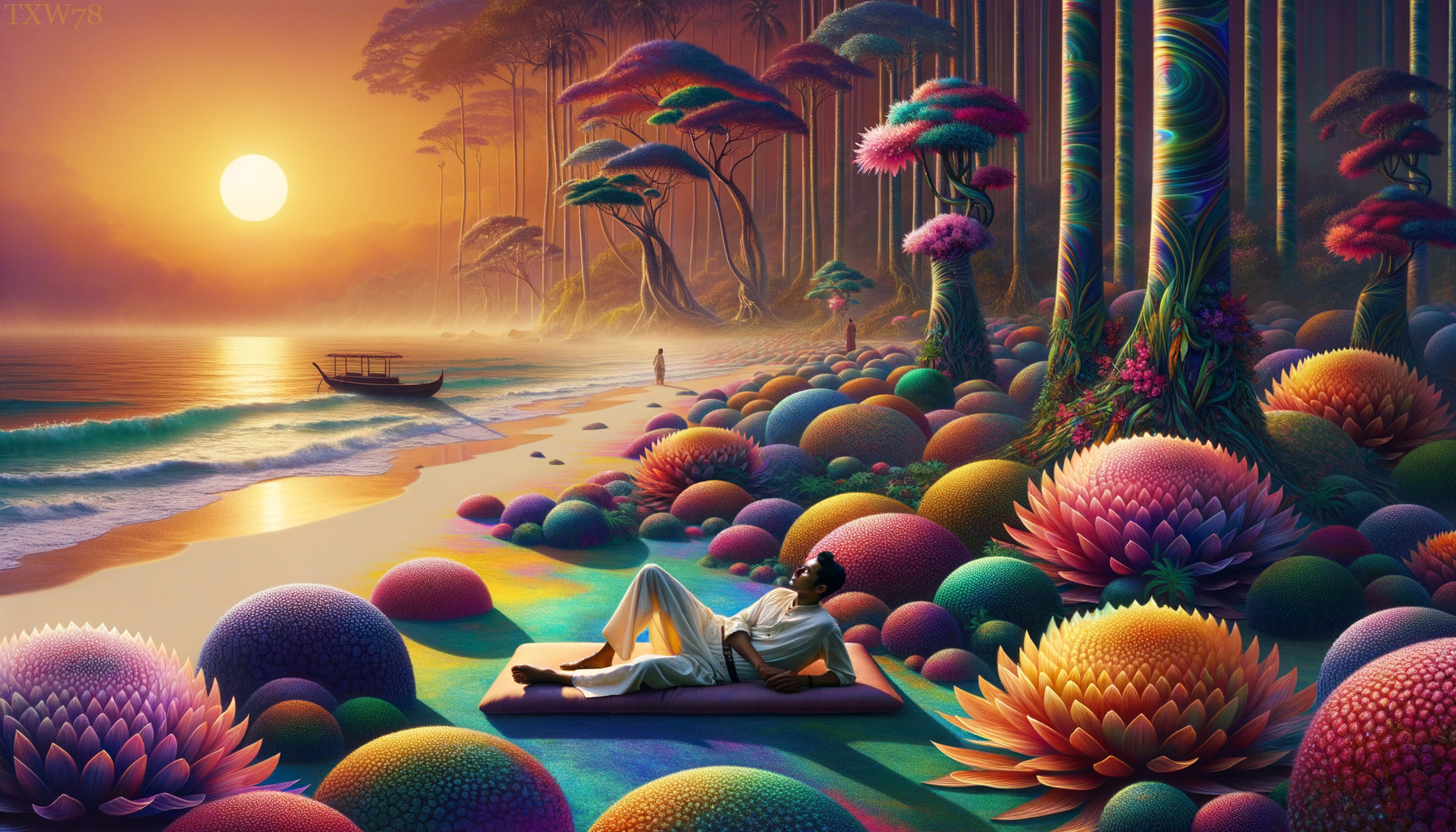 Surreal Sunset Beach with Oversized Flowers and Boats