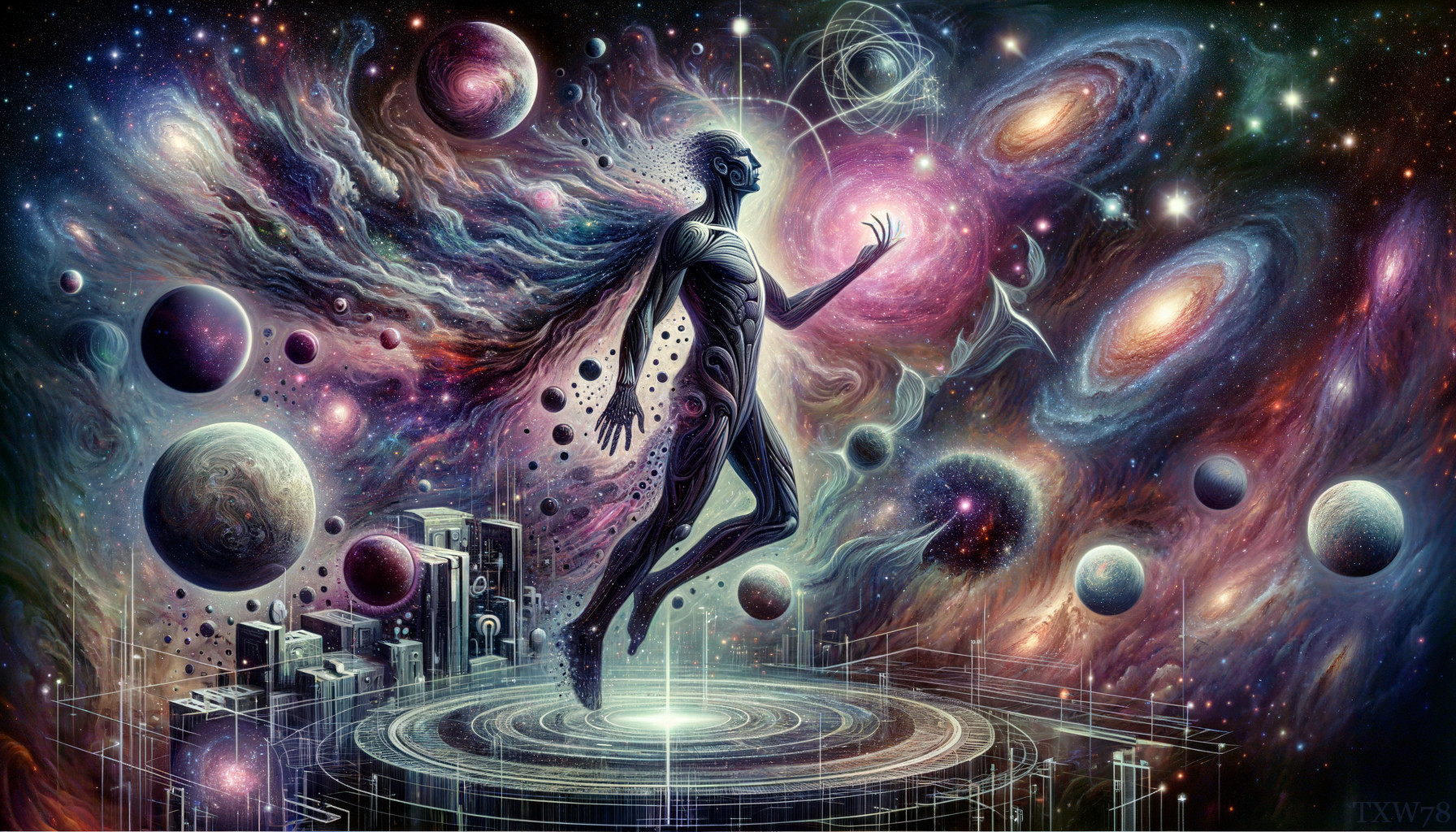 Silhouetted figure in surreal cosmic scene with floating orb and vibrant colors