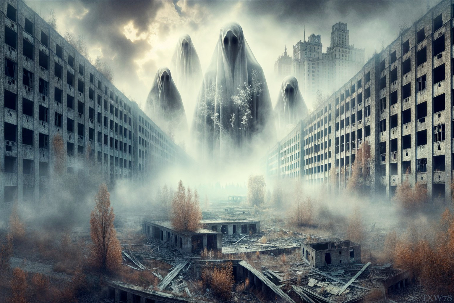 Eerie digital art: ghostly figures in misty urban scene