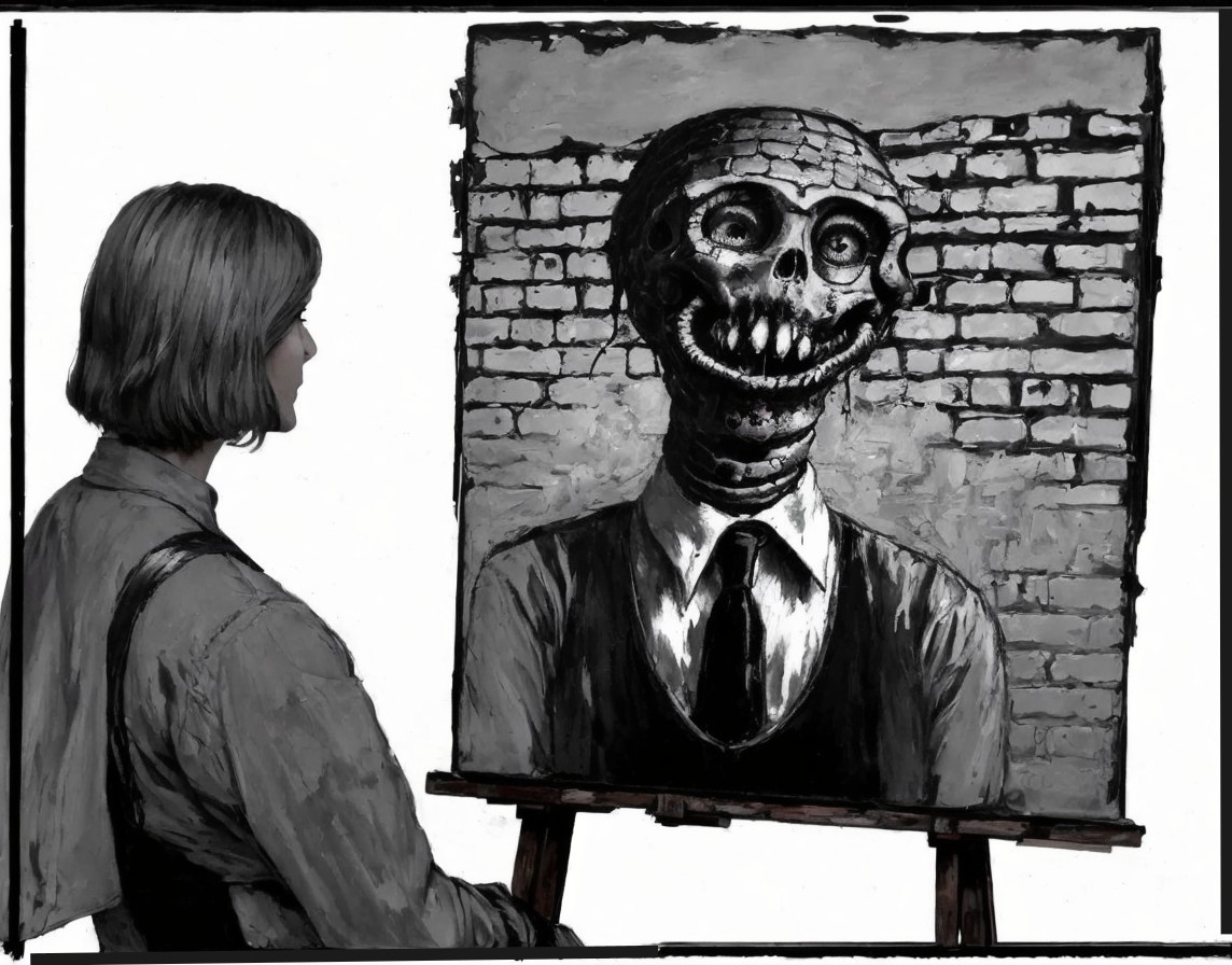 Monochromatic Scene of Woman and Skeletal Portrait