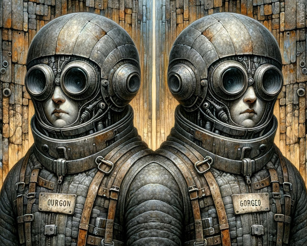 Identical Figures in Retro-Futuristic Space Suits