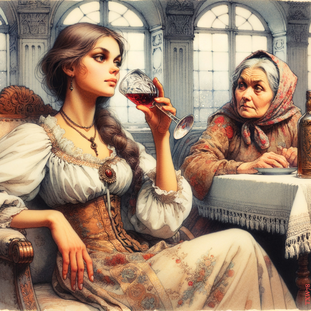 Young Woman in Historical Attire Examines Wine Glass