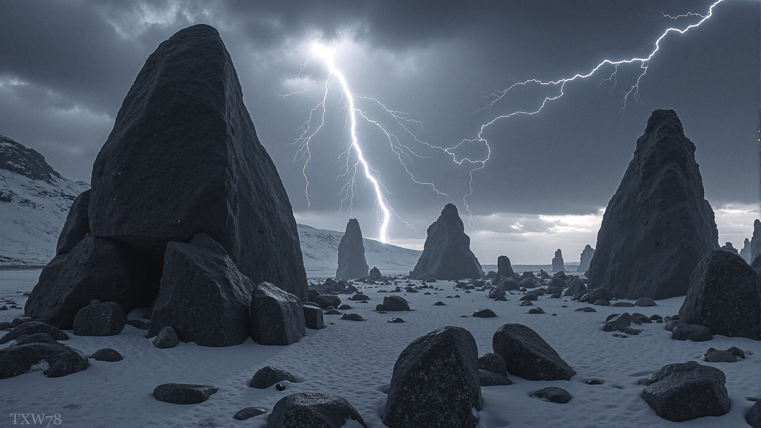 Dramatic Landscape with Stone Formations and Lightning