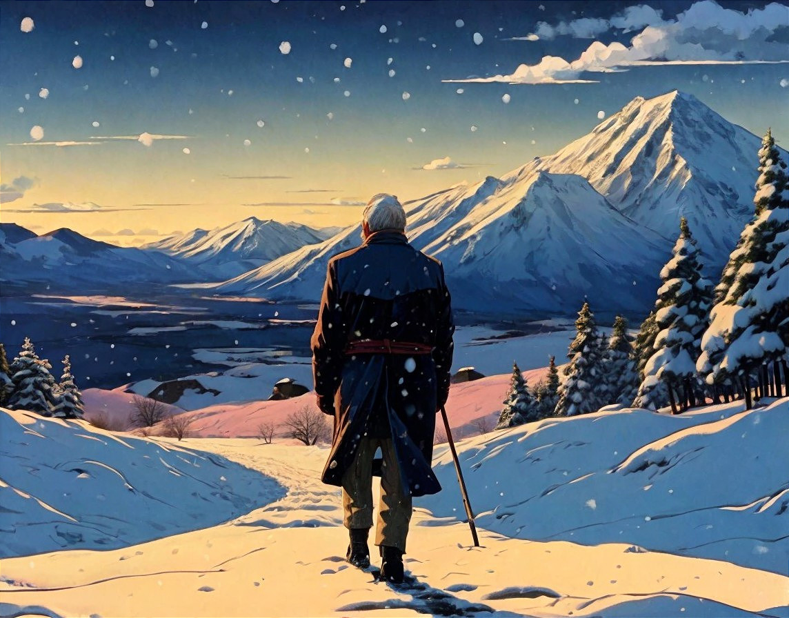 Elderly Figure Walking on Snowy Path at Dusk