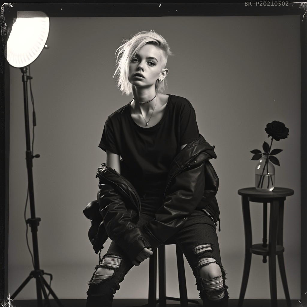Black-and-white portrait of a punk-inspired model