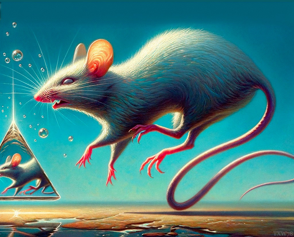 Surreal Mouse in Vibrant Landscape with Bubbles