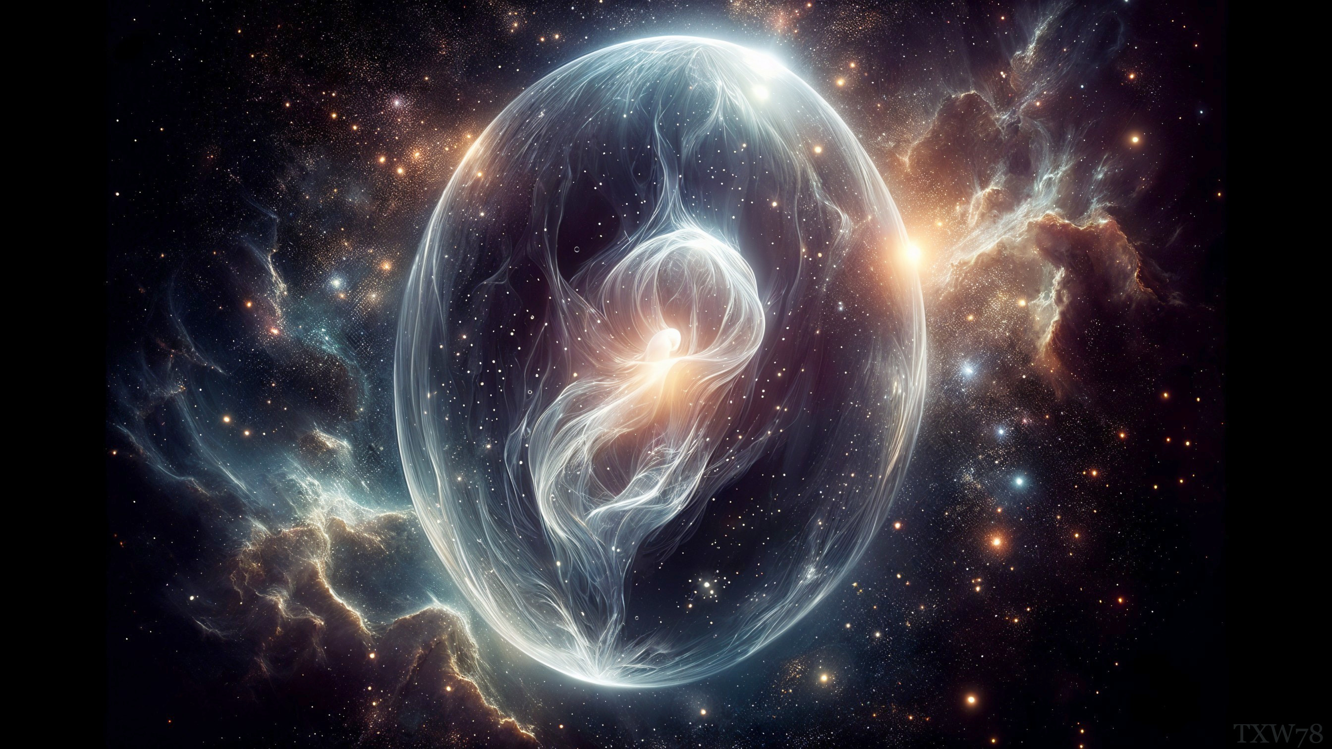 Cosmic Scene with Luminous Orb and Vibrant Nebulae