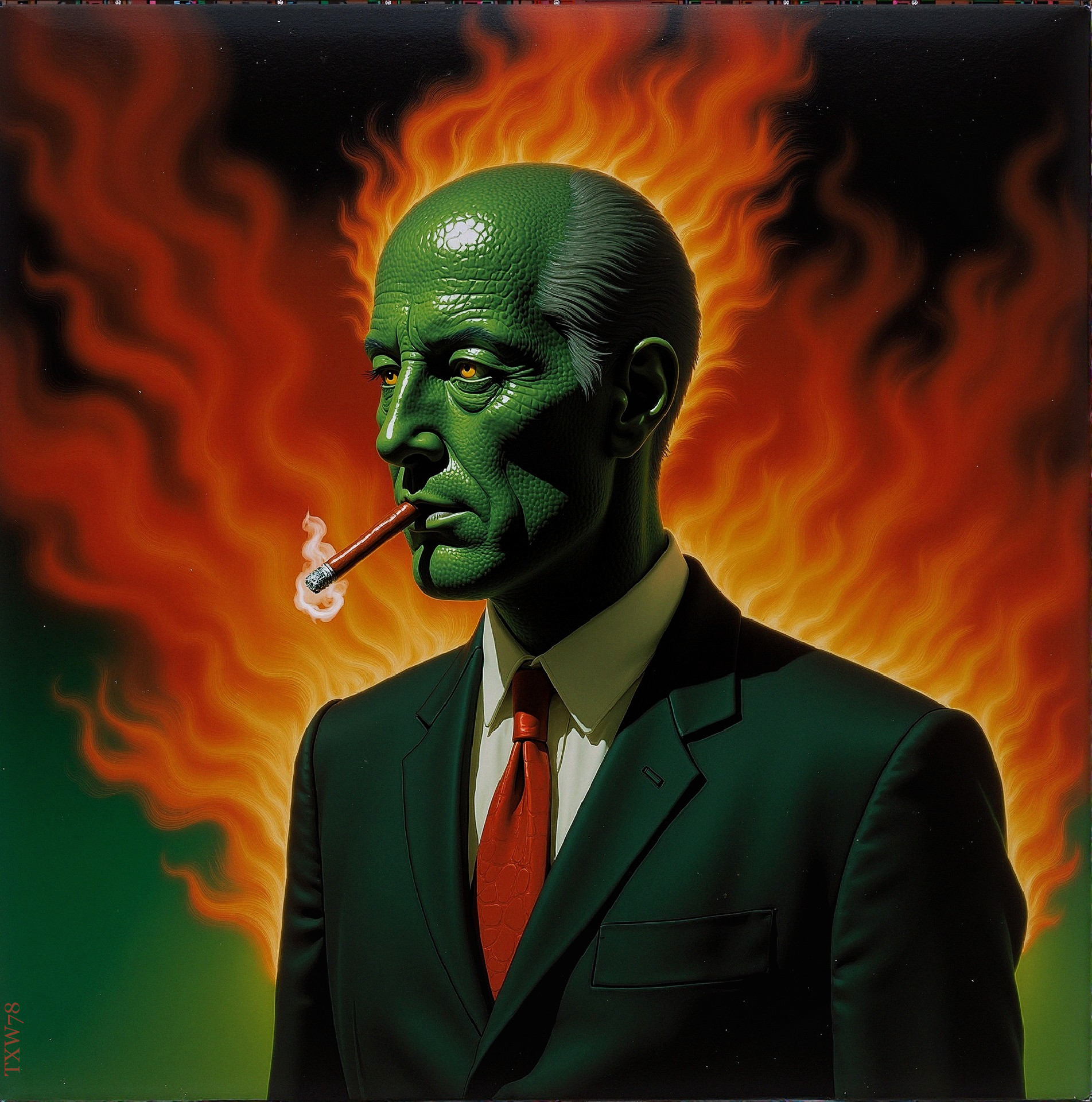 Portrait of a man with green skin in a dramatic setting