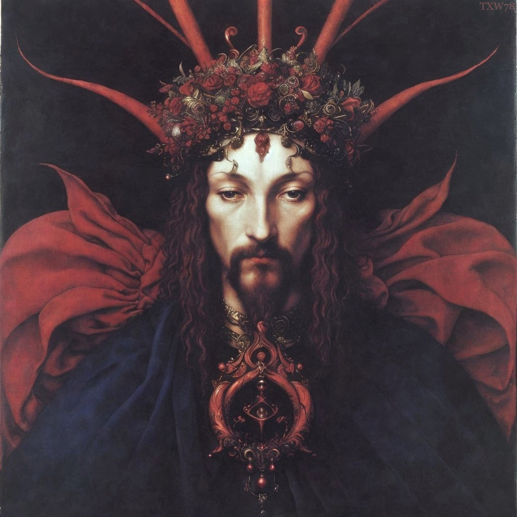 Dramatic portrait of a male figure with floral crown