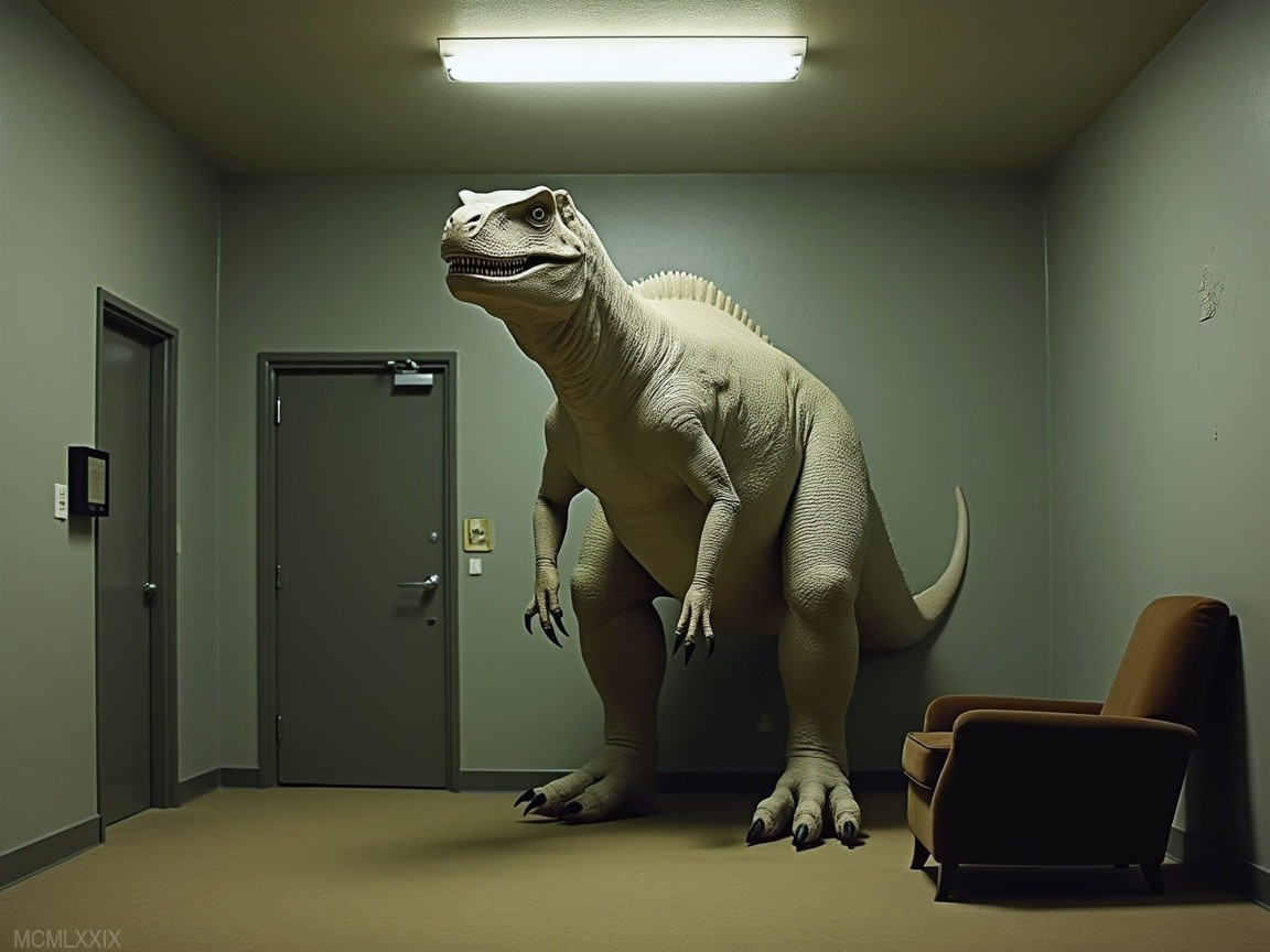 Dinosaur in Dim Room with Armchair and Fluorescent Light