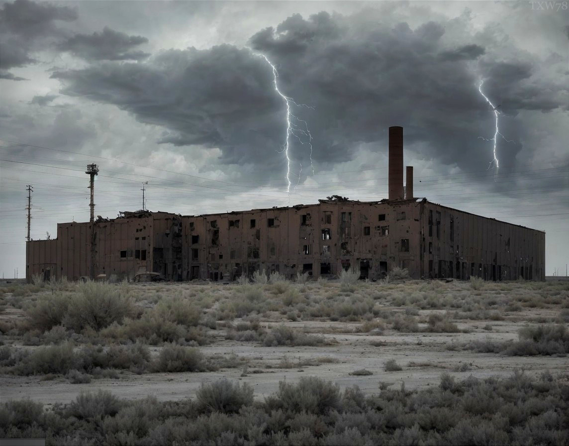 Abandoned Building Under Dramatic Sky and Lightning