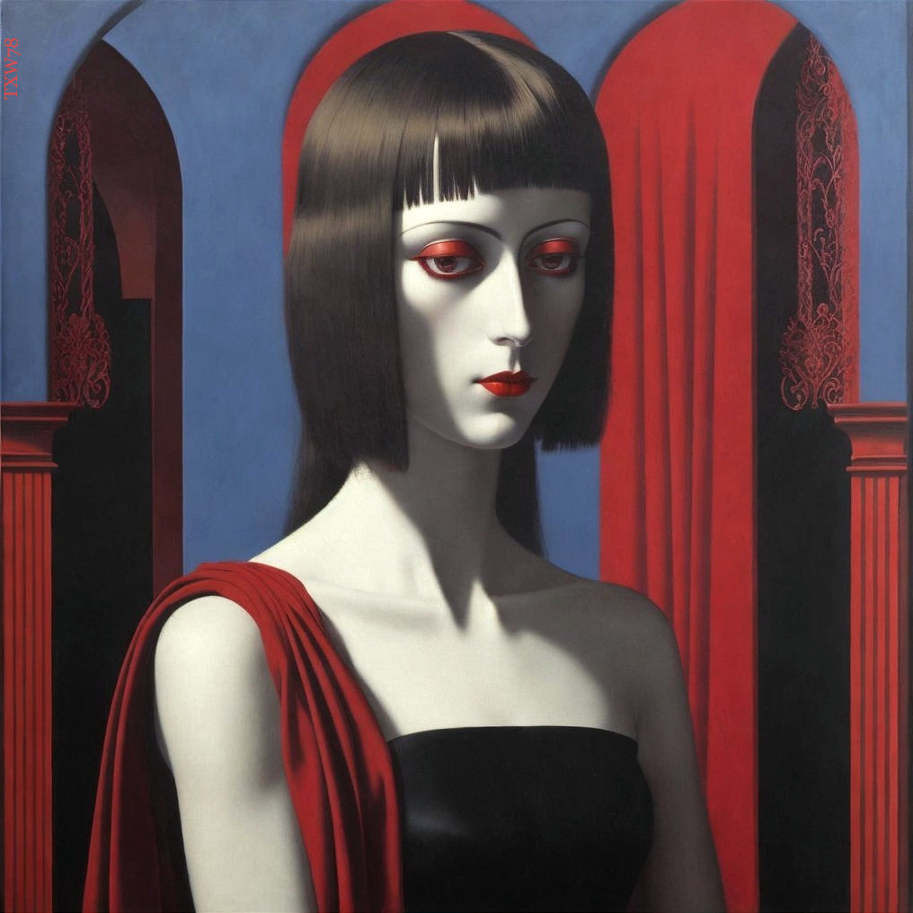 Stylized figure with porcelain skin and red drapery
