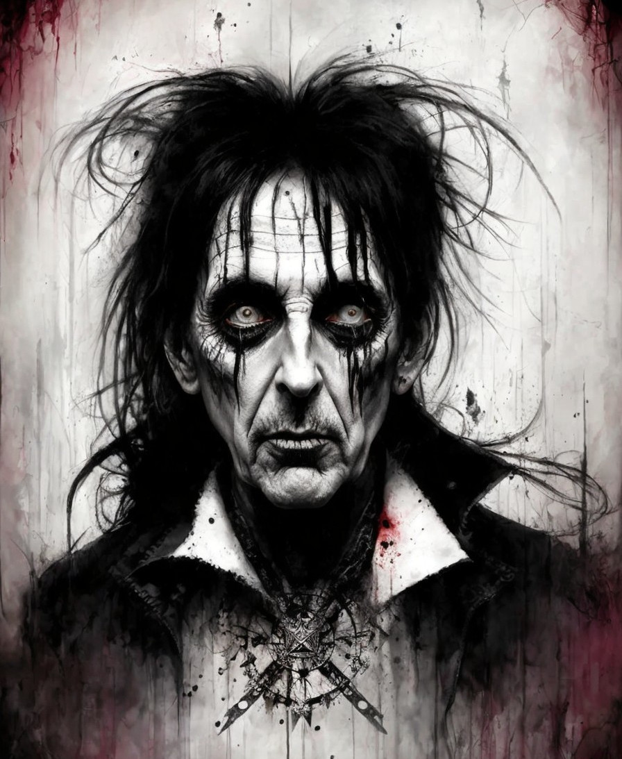 Haunting Portrait of a Figure with Pale Skin and Dark Attire