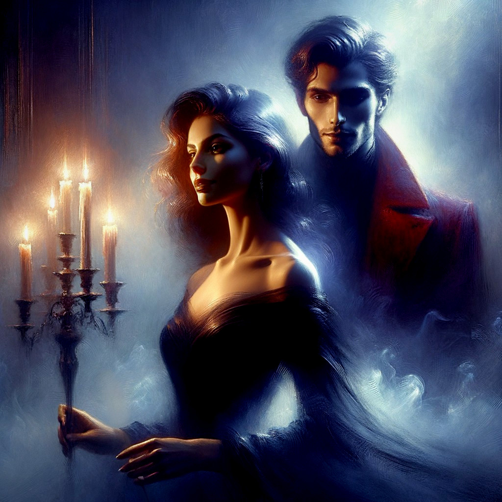 Ethereal Scene with Woman in Dark Gown and Candelabrum