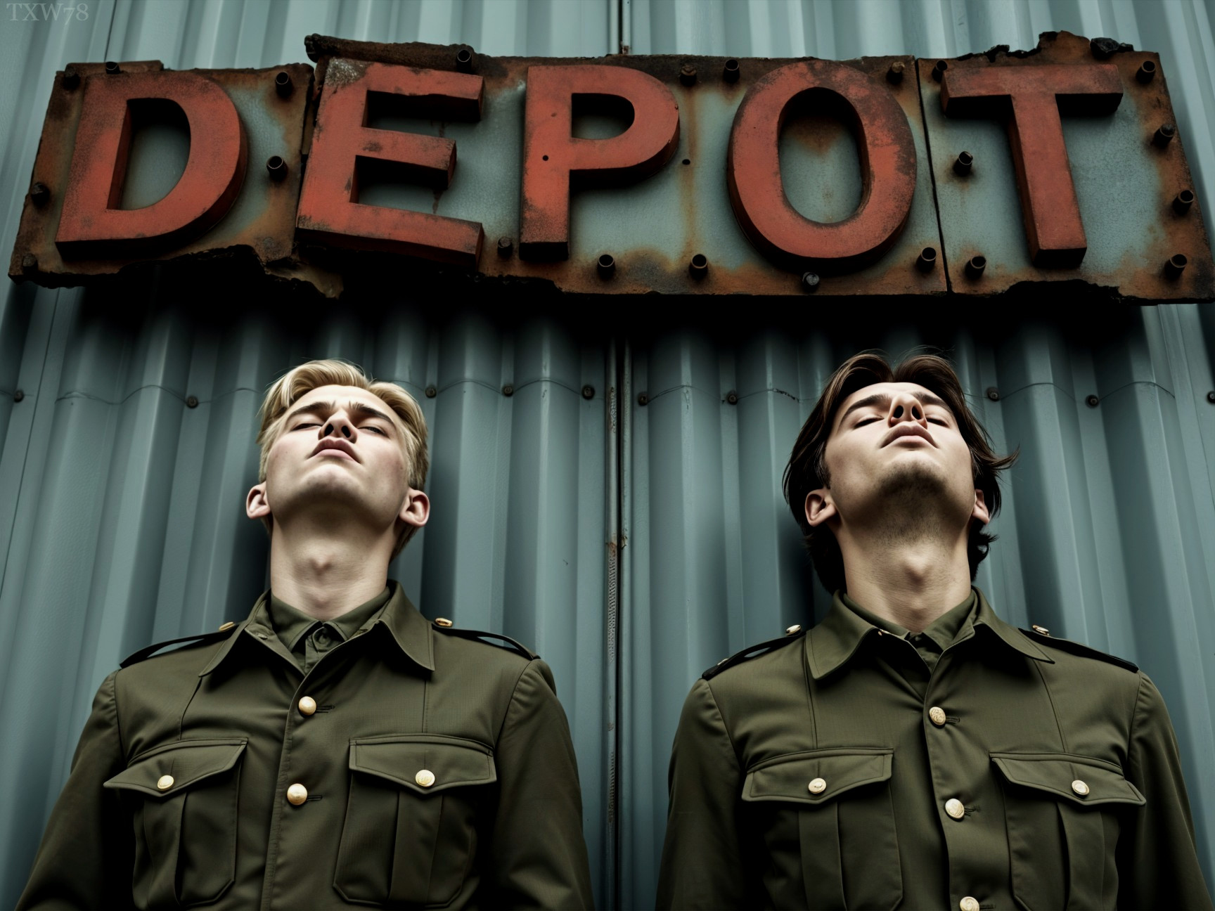 Young Men in Military Uniforms at Rustic Depot Wall