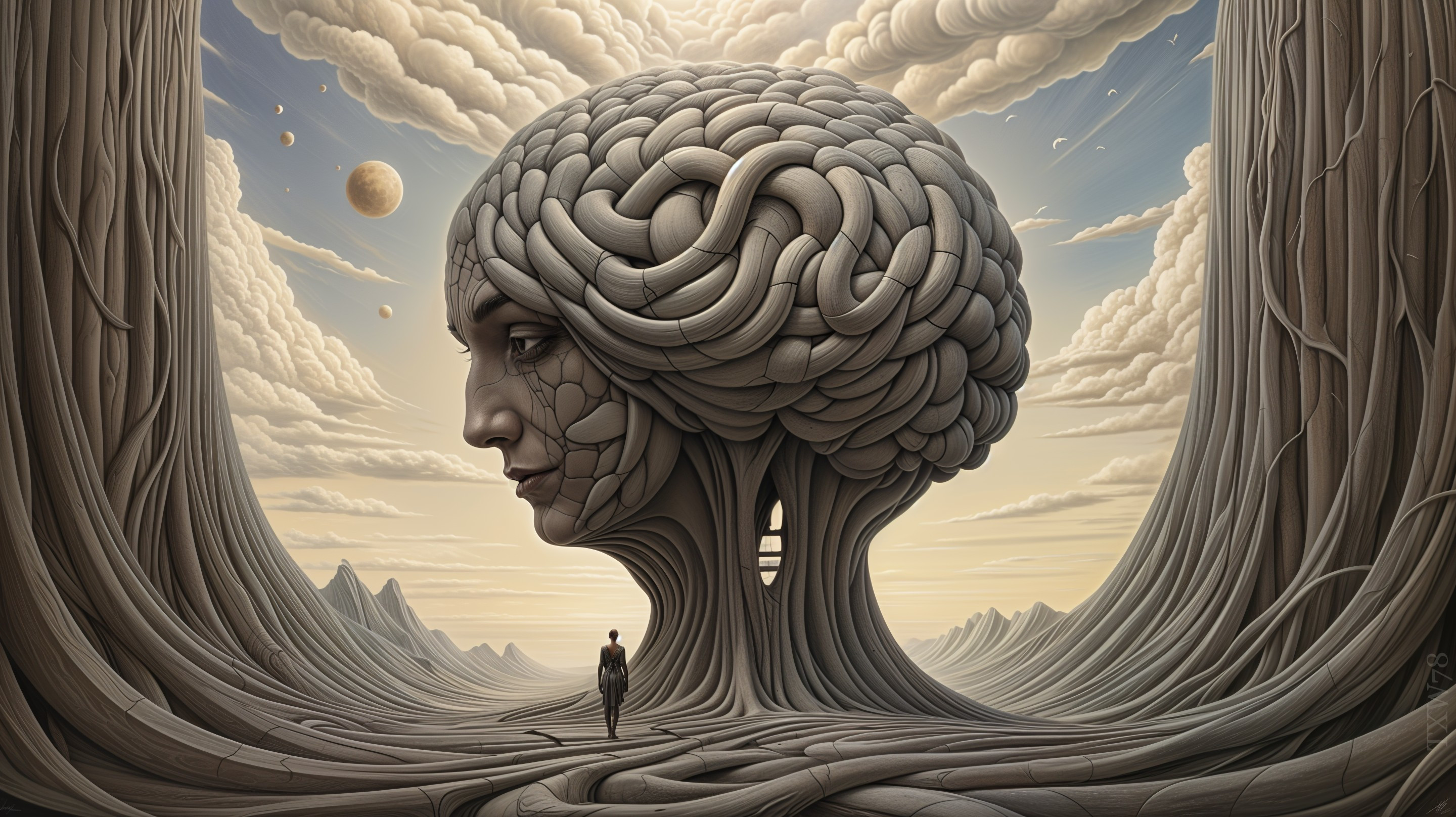 Surreal Landscape with Human Head and Tree Structure