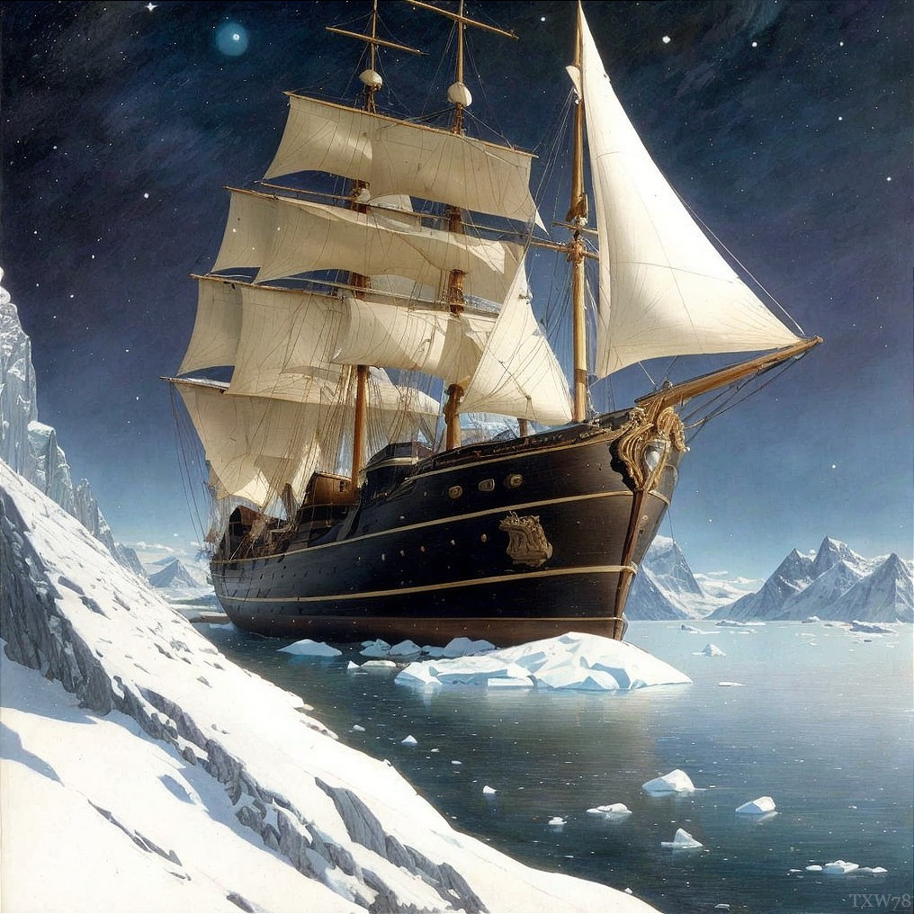 Sailing Ship Anchored Among Icebergs Under Starry Sky