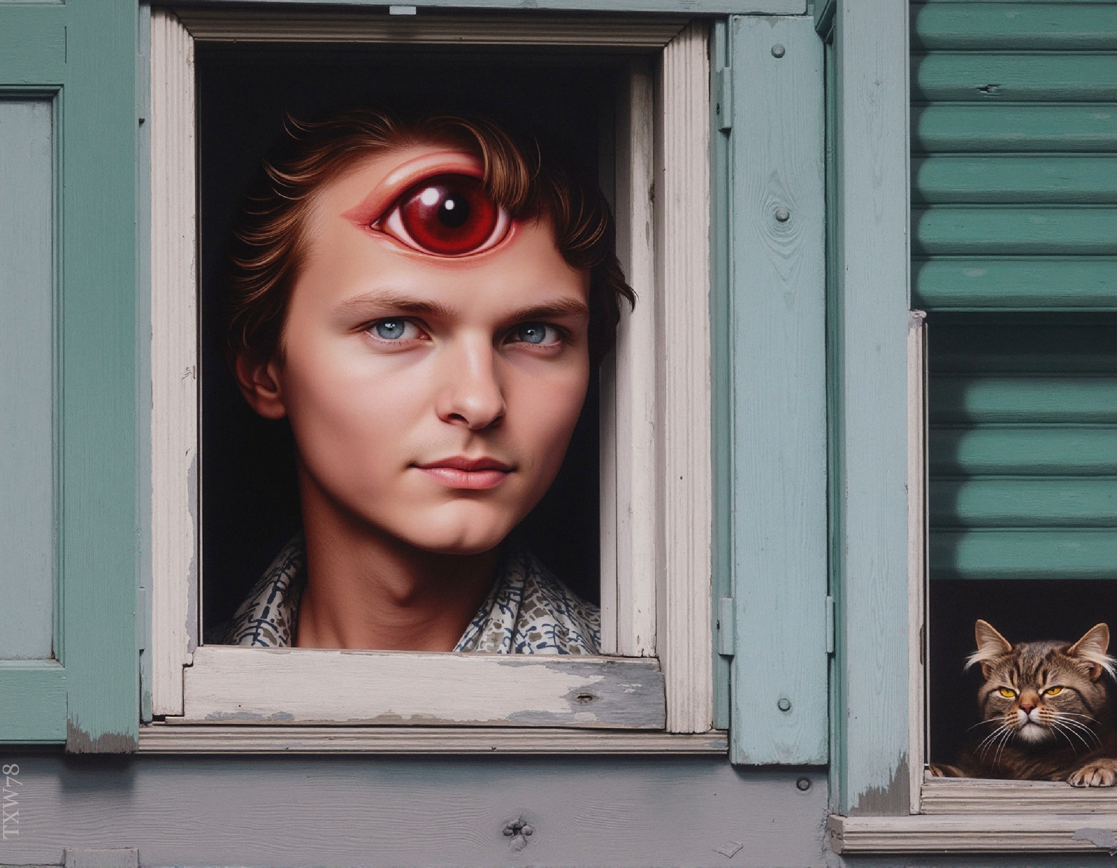 Surreal Scene of Young Man with Eye and Cat by Window